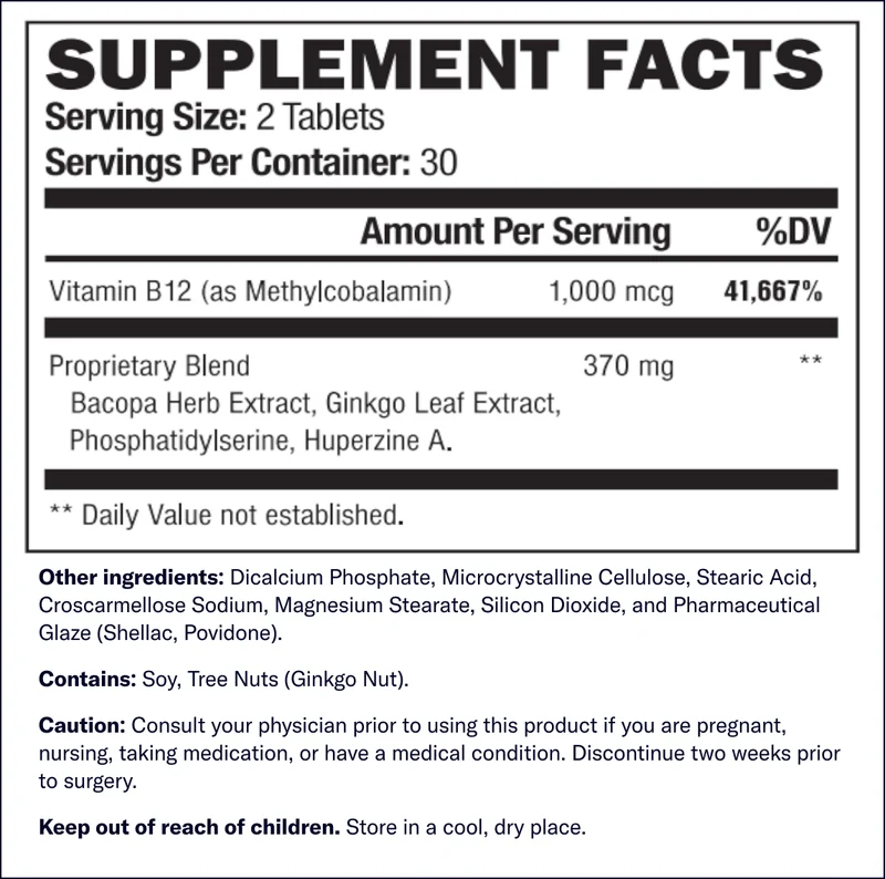 Youthful Brain Supplement Facts label showing Vitamin B12 and proprietary blend
