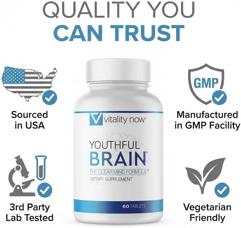 Youthful Brain quality badges including USA sourced, GMP, third-party tested, and vegetarian friendly