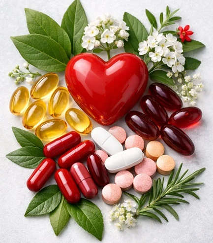 Red heart model surrounded by capsules, tablets, and botanical leaves