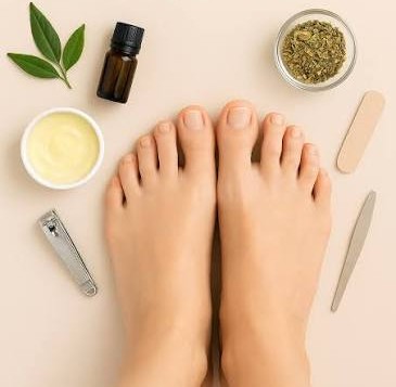 Natural nail-care flat lay with botanicals, oils, and grooming tools