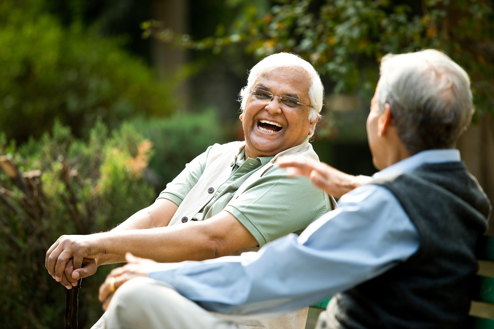 Two senior friends laughing and enjoying an engaging conversation on a park bench