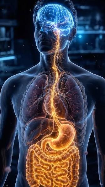 Medical illustration showing glowing brain and digestive tract connected through the body