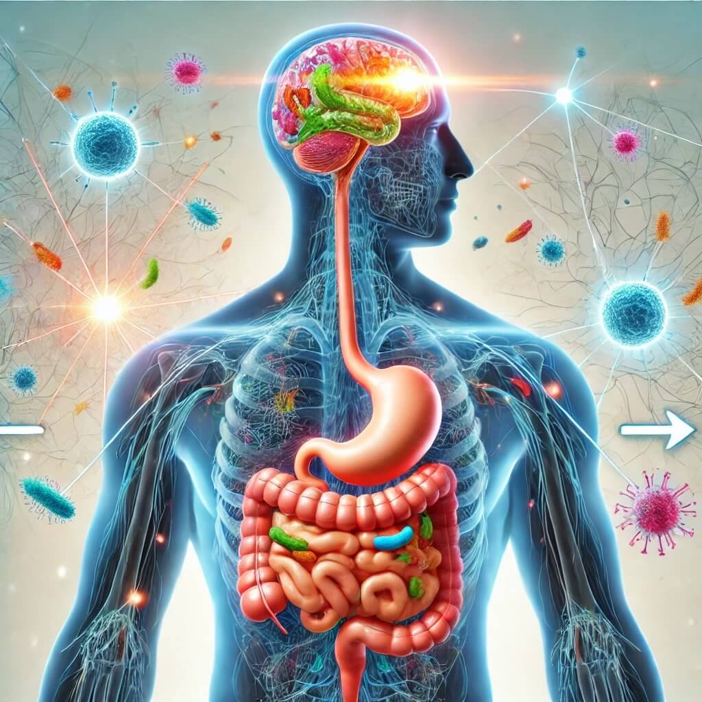 Scientific illustration of gut-brain communication with microbiome microbes around the digestive system