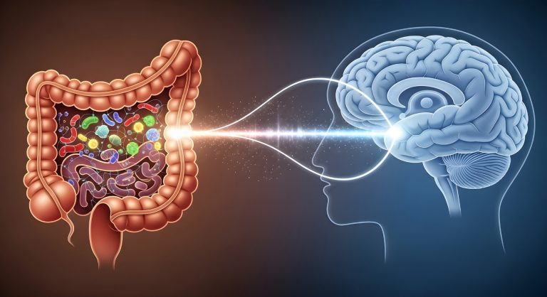 Conceptual illustration of the gut-brain axis linking the microbiome and the brain