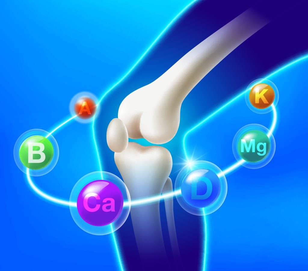 Knee joint illustration surrounded by nutrient spheres representing nutritional joint support