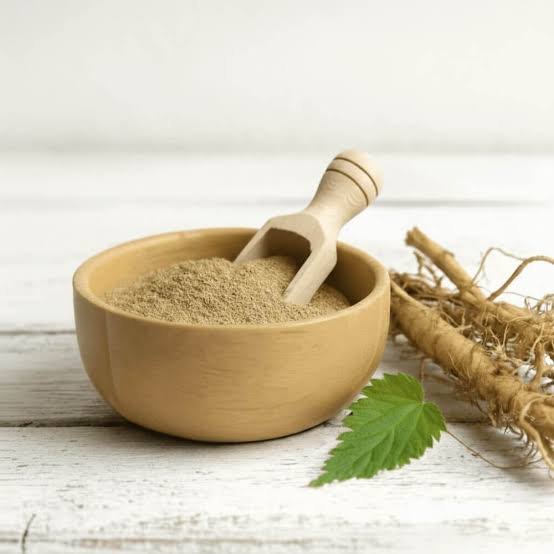 Herbal powder, roots, and leaf representing botanical prostate ingredients