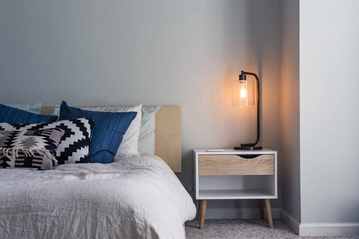 Calm, tidy bedroom with white bedding